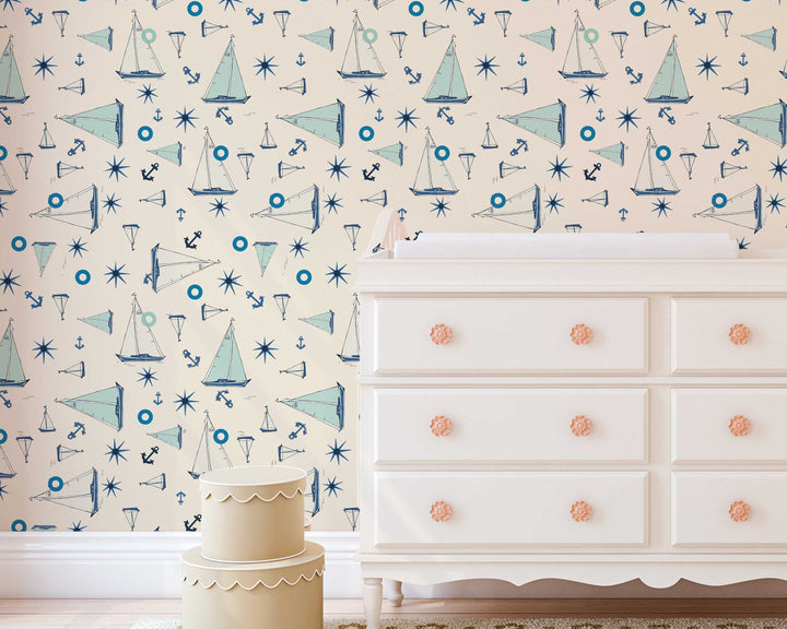 Blue Sail Boat for kids - Removable wallpaper - Vinyl Peel and Stick Wall #3023