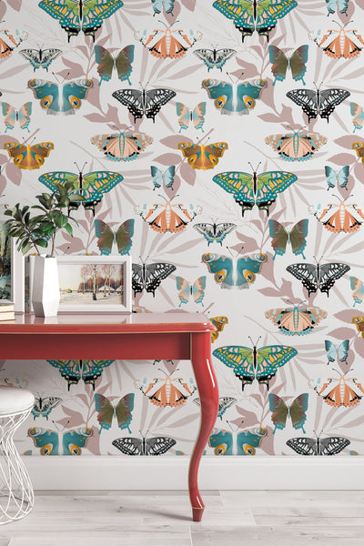tropical, butterfly wallpaper, pattern, white branch flowers,  wall mural, peel and stick