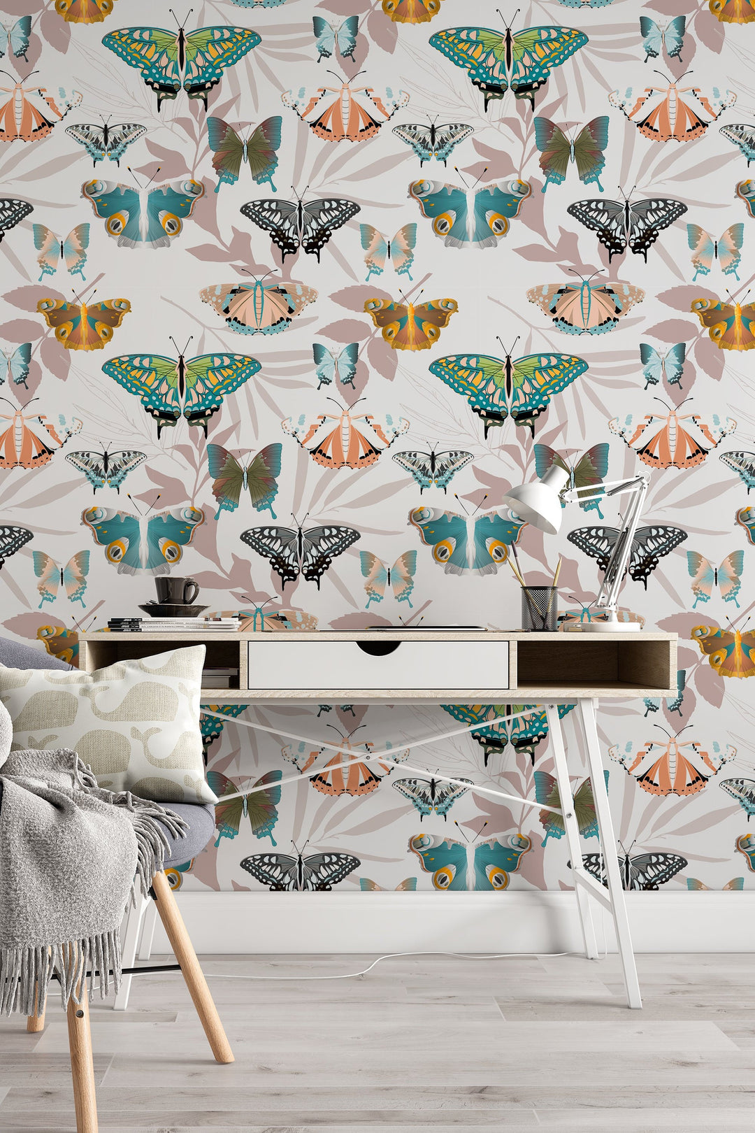 Butterfly pattern blue summer white branch flowers,  wall mural, peel and stick wallpaper, wall decor design#3106