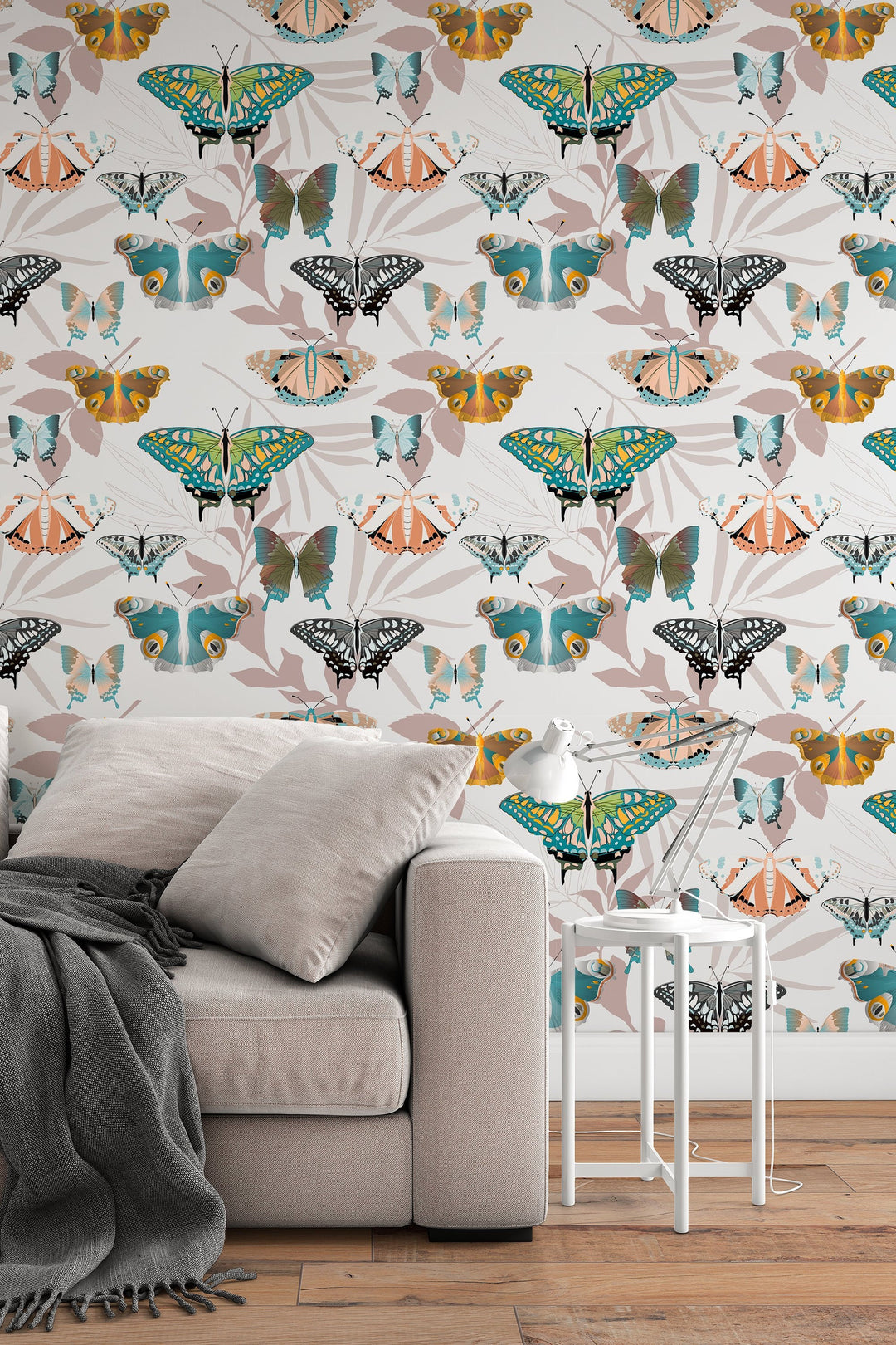 Butterfly pattern blue summer white branch flowers,  wall mural, peel and stick wallpaper, wall decor design#3106