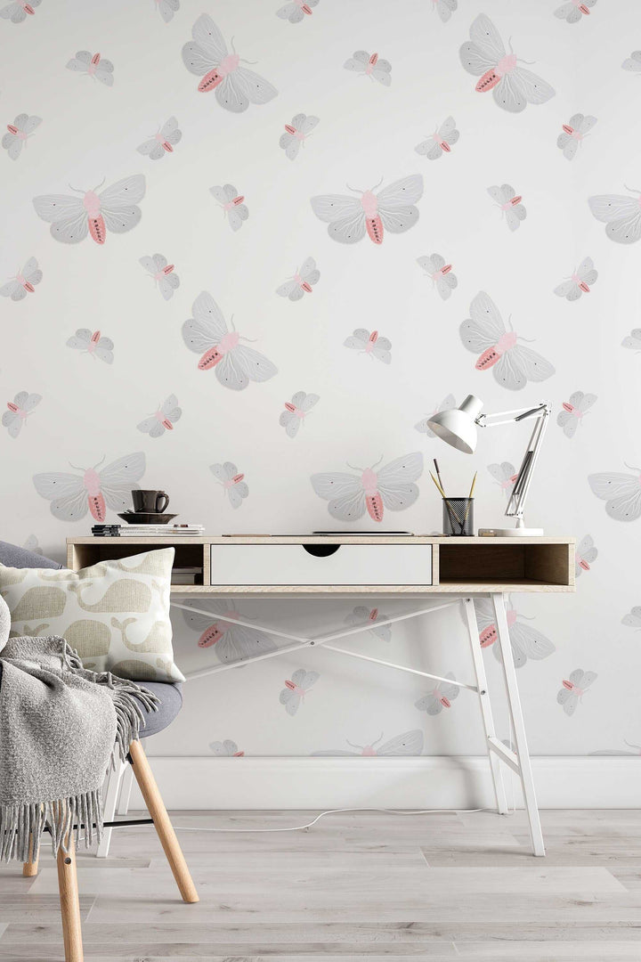 Moths white wall mural, peel and stick wallpaper, wall decor design#3110