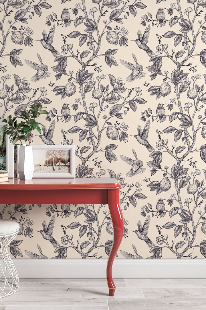 Hummingbird Paradise Gray on Beige Background Wallpaper - Removable wallpaper - Vinyl Peel and Stick Wall design#3133