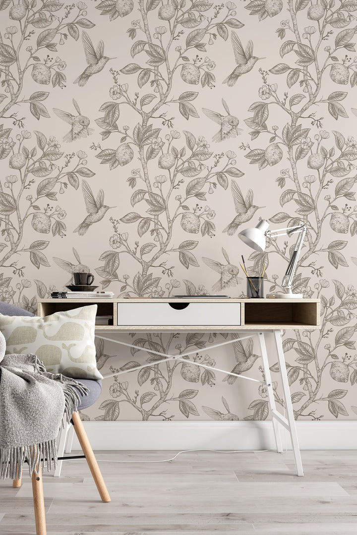 Hummingbird Paradise light gray on beige Background Wallpaper - Removable wallpaper - Vinyl Peel and Stick Wall design 3134