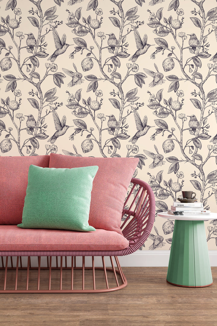 Hummingbird Paradise Black on Beige Background Wallpaper - Removable wallpaper - Vinyl Peel and Stick Wall design#3135