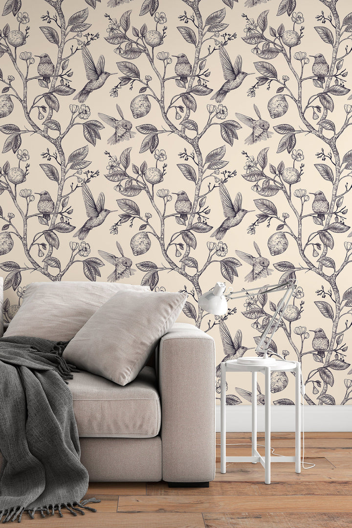 Hummingbird Paradise Black on Beige Background Wallpaper - Removable wallpaper - Vinyl Peel and Stick Wall design#3135