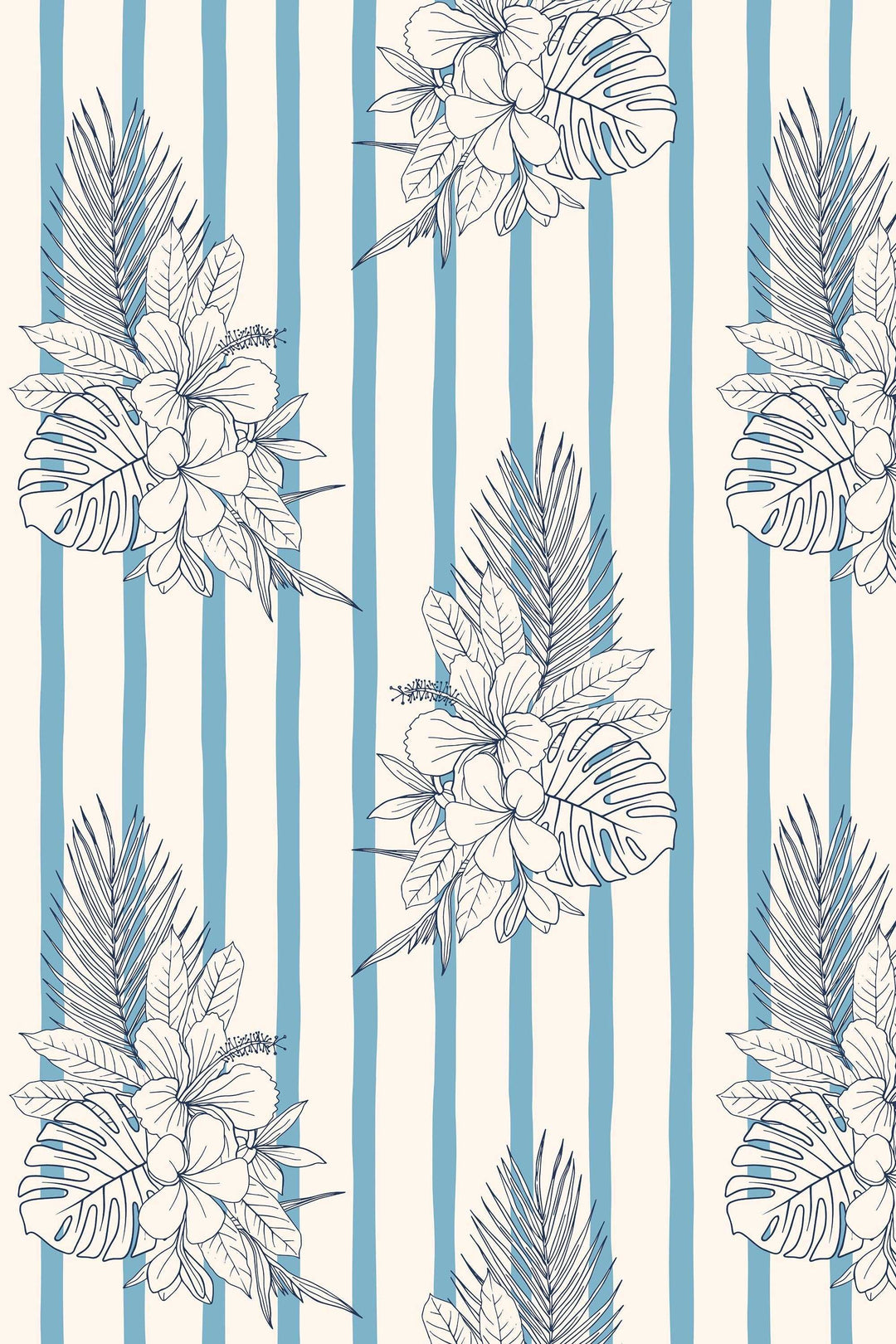 Bouquets of flowers on vertical stripes pattern blue on beige   - Removable wallpaper - Vinyl Peel and Stick Wallpaper design #3140