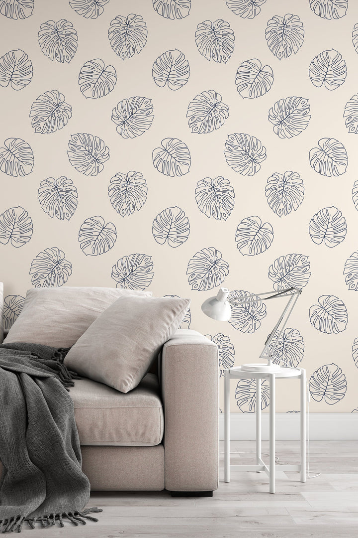 monstera leaves pattern blue on beige background Wallpaper for living room