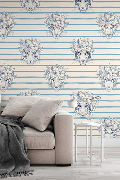 Tigers and cheetahs with flowers and stripes, blue on beige   - Removable wallpaper - Vinyl Peel and Stick Wallpaper design #3136