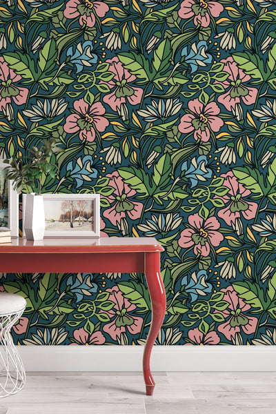 Buds floral pattern wallpaper design #3067- peel and stick removable self adhesive and traditional wallpaper