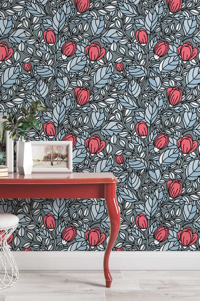 Buds floral pattern red flowers om gray wallpaper design#3059- peel and stick removable self adhesive and traditional wallpaper