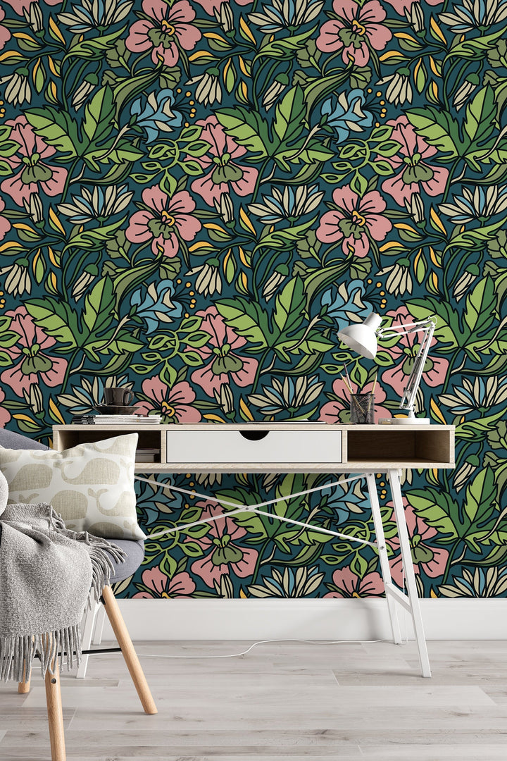 Buds floral pattern wallpaper design #3067- peel and stick removable self adhesive and traditional wallpaper