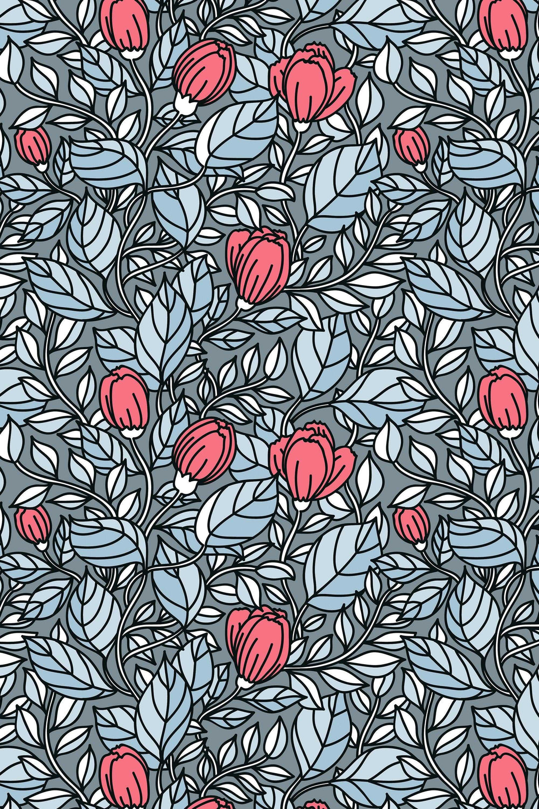 Buds floral pattern red flowers om gray wallpaper design#3059- peel and stick removable self adhesive and traditional wallpaper