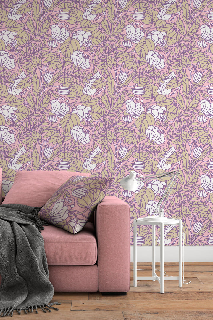 Buds floral pattern wallpaper design #3070- peel and stick removable self adhesive and traditional wallpaper