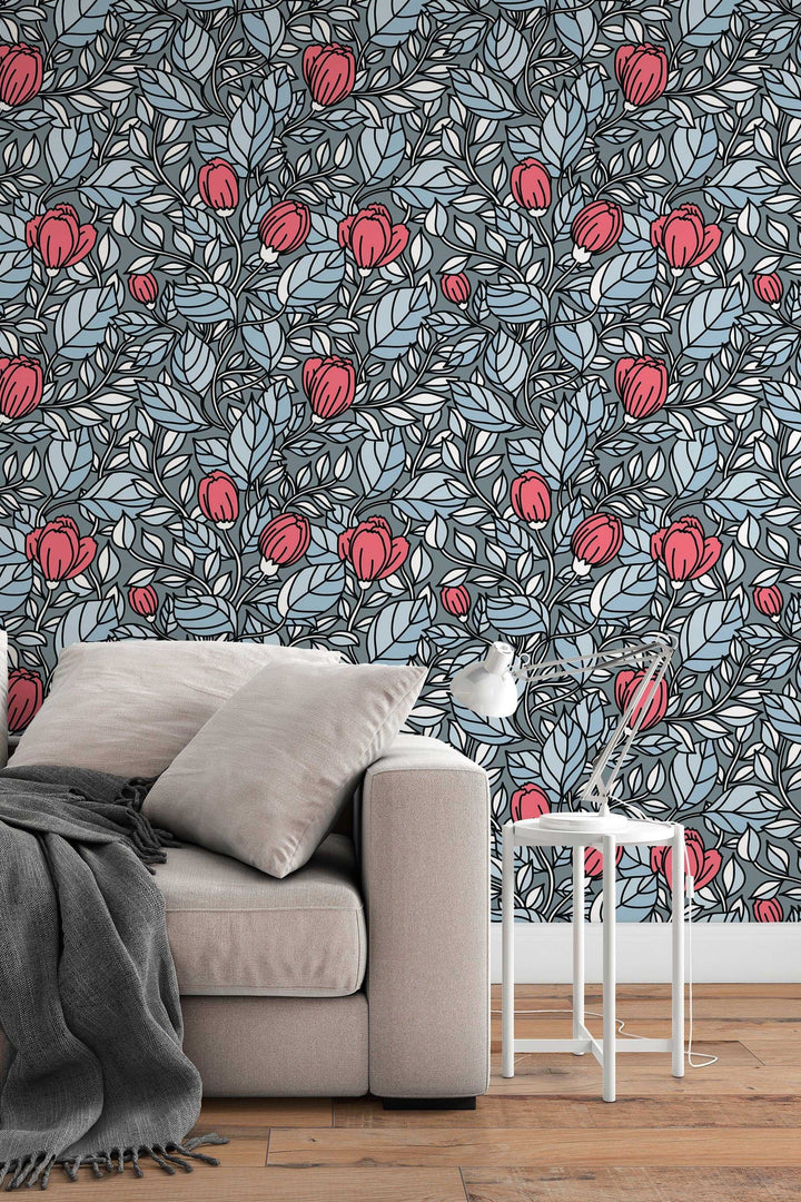 Buds floral pattern red flowers om gray wallpaper design#3059- peel and stick removable self adhesive and traditional wallpaper