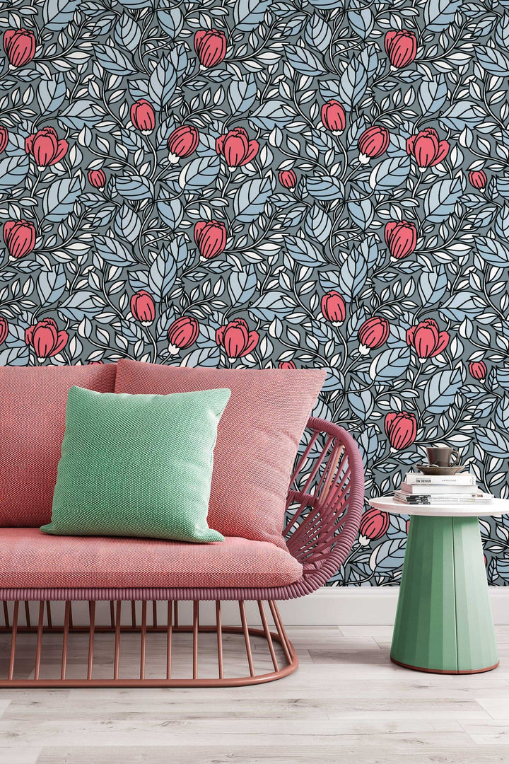 Buds floral pattern red flowers om gray wallpaper design#3059- peel and stick removable self adhesive and traditional wallpaper