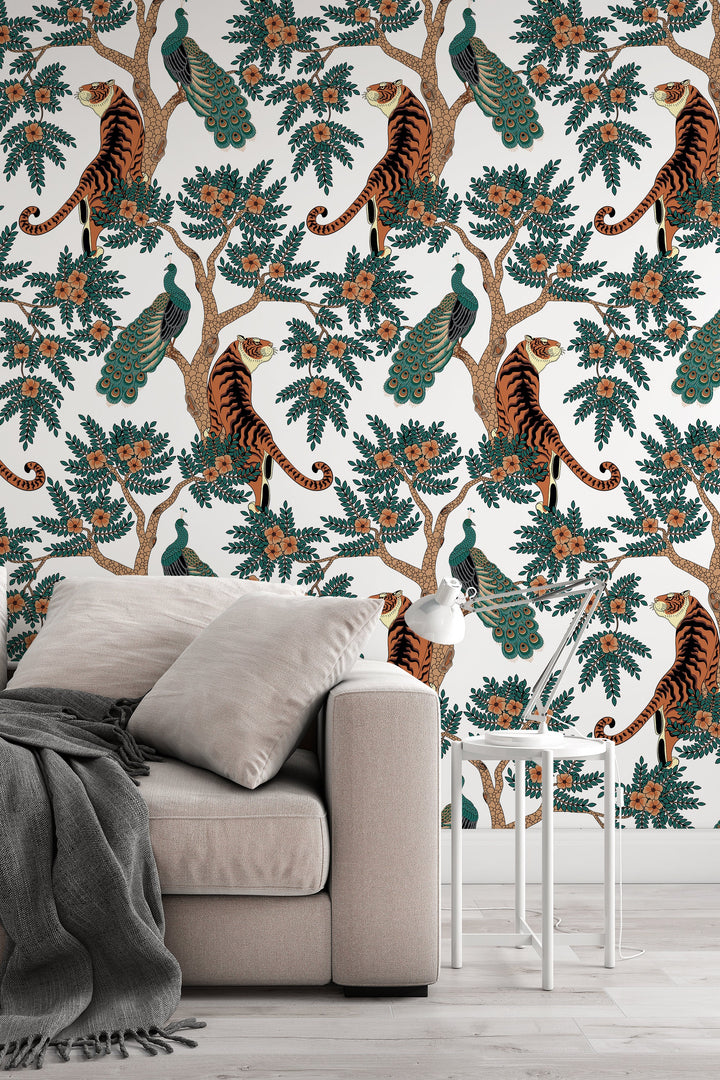 Tiger and Peacock in woods Wallcovering - Peel & Stick Wallpaper - Removable Self Adhesive Wallpaper Roll pattern wallpaper design#3145