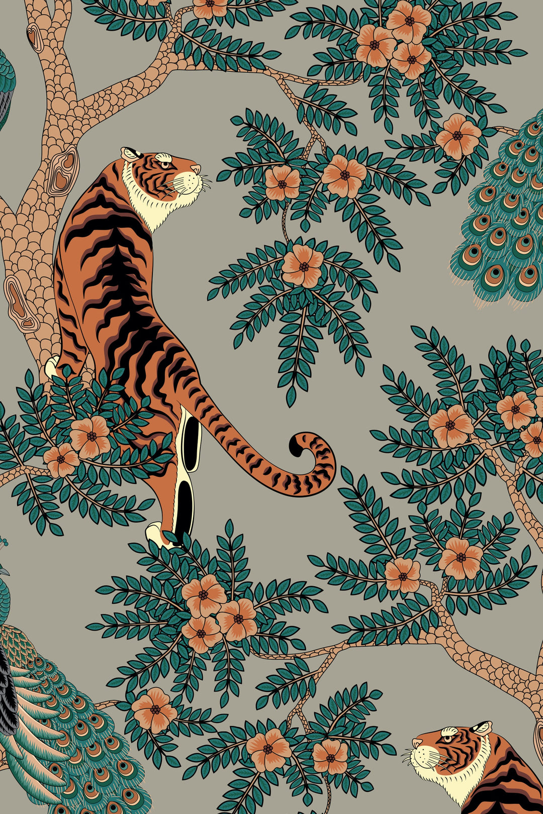 Tiger and Peacock in woods on gray background - Peel & Stick Wallpaper - Removable Self Adhesive Wallpaper design #3147