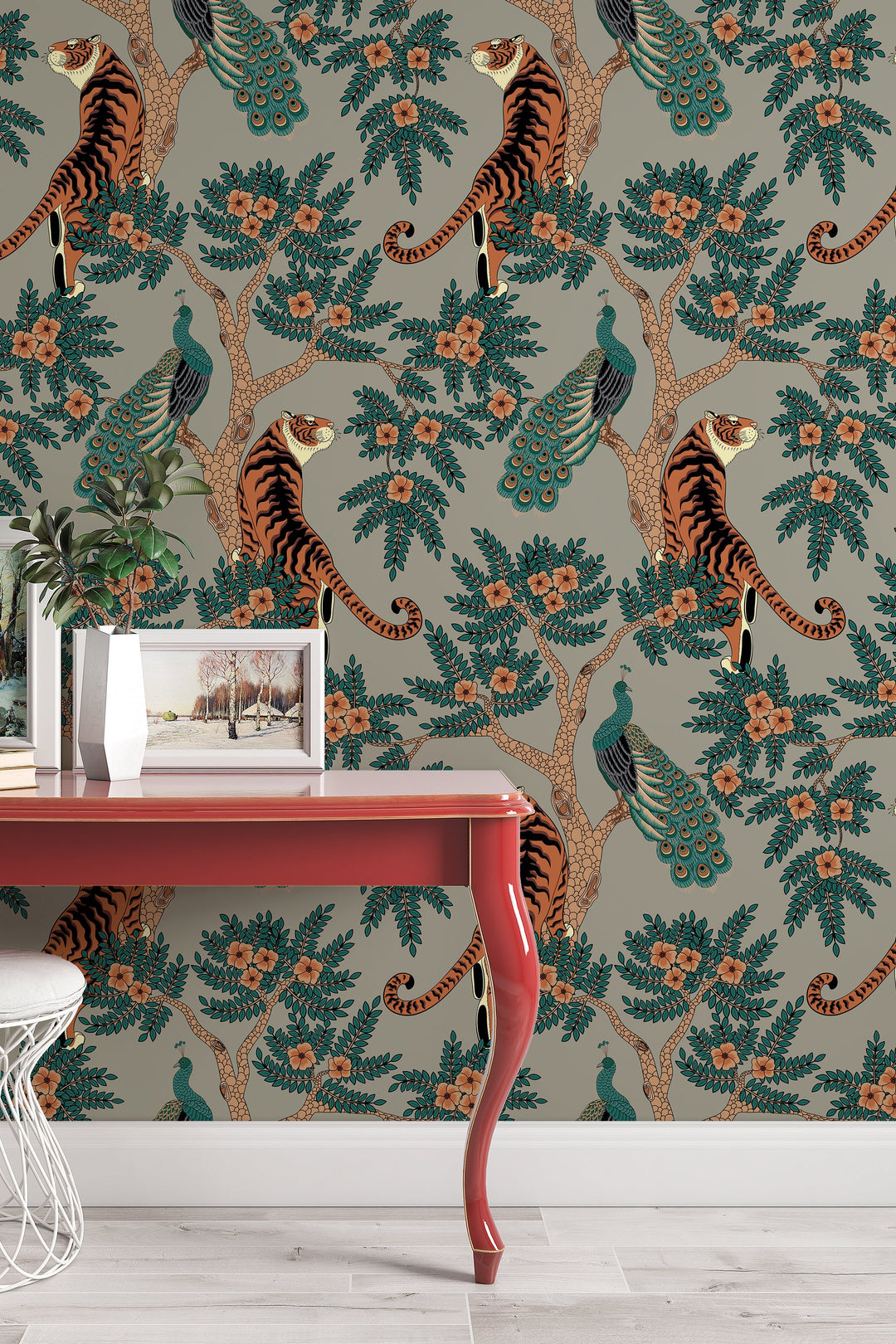 Tiger and Peacock in woods on gray background - Peel & Stick Wallpaper - Removable Self Adhesive Wallpaper design #3147