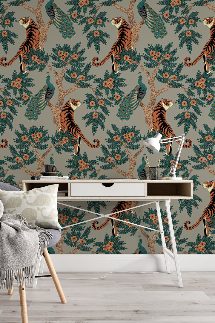 Tiger and Peacock in woods on gray background - Peel & Stick Wallpaper - Removable Self Adhesive Wallpaper design #3147