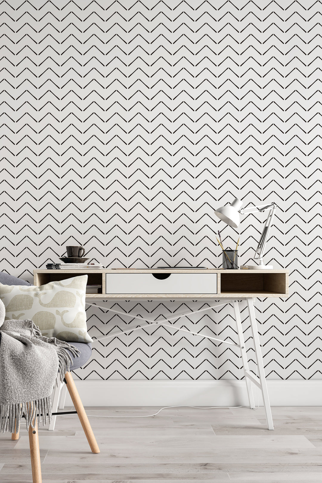 Modern delicate herringbone wallpaper in black and white chevron, Scandinavian design, removable self adhesive & pre-pasted material 3148