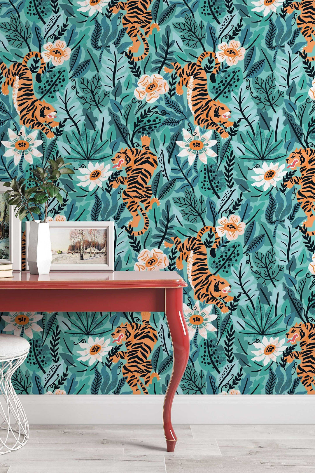 Tiger in the Woods Wallcovering - Fabric Peel & Stick Wallpaper - Removable Self Adhesive Wallpaper Roll pattern wallpaper design#3098