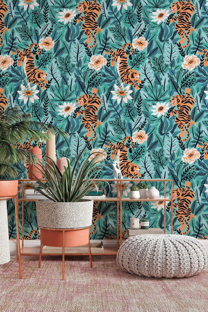 Tiger in the Woods Wallcovering - Fabric Peel & Stick Wallpaper - Removable Self Adhesive Wallpaper Roll pattern wallpaper design#3098