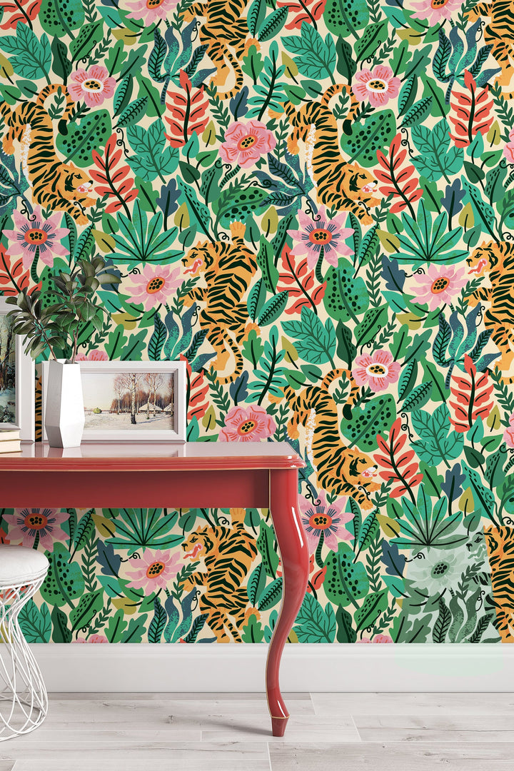 Tiger in the Woods Wallcovering - Fabric Peel & Stick Wallpaper - Removable Self Adhesive Wallpaper Roll pattern wallpaper design#3094