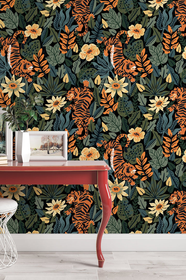 Tiger in the Woods Wallcovering - Fabric Peel & Stick Wallpaper - Removable Self Adhesive Wallpaper Roll pattern wallpaper design#3095