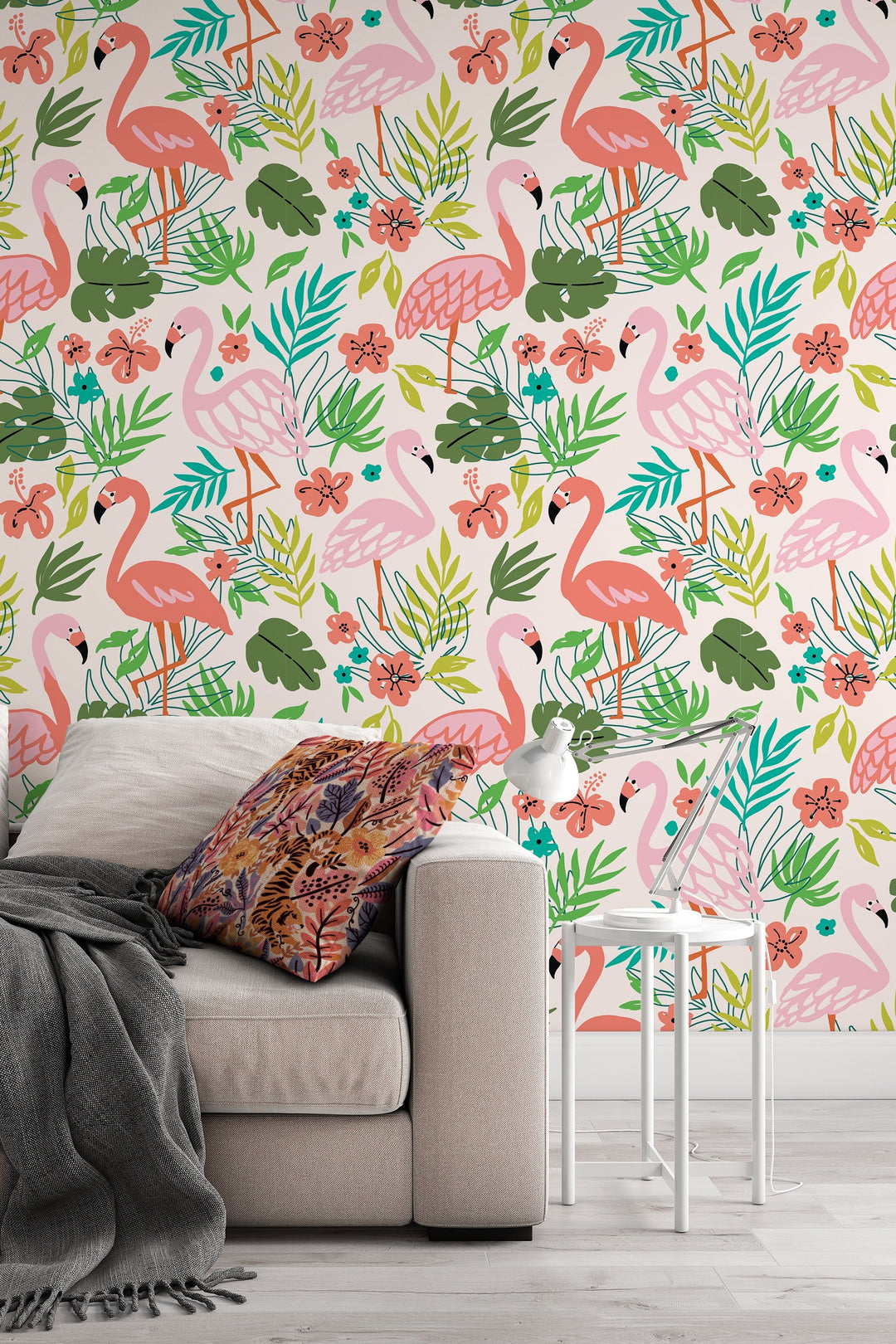 Tropical wallpaper with pink flamingo white background