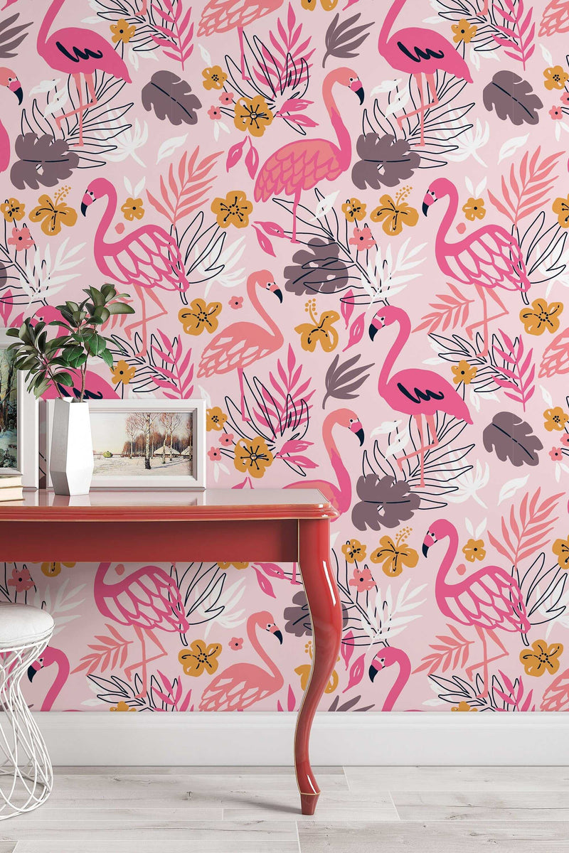 Pink flamingo, tropical leaves, monstera leaves, jungle wallpaper #3099 ...