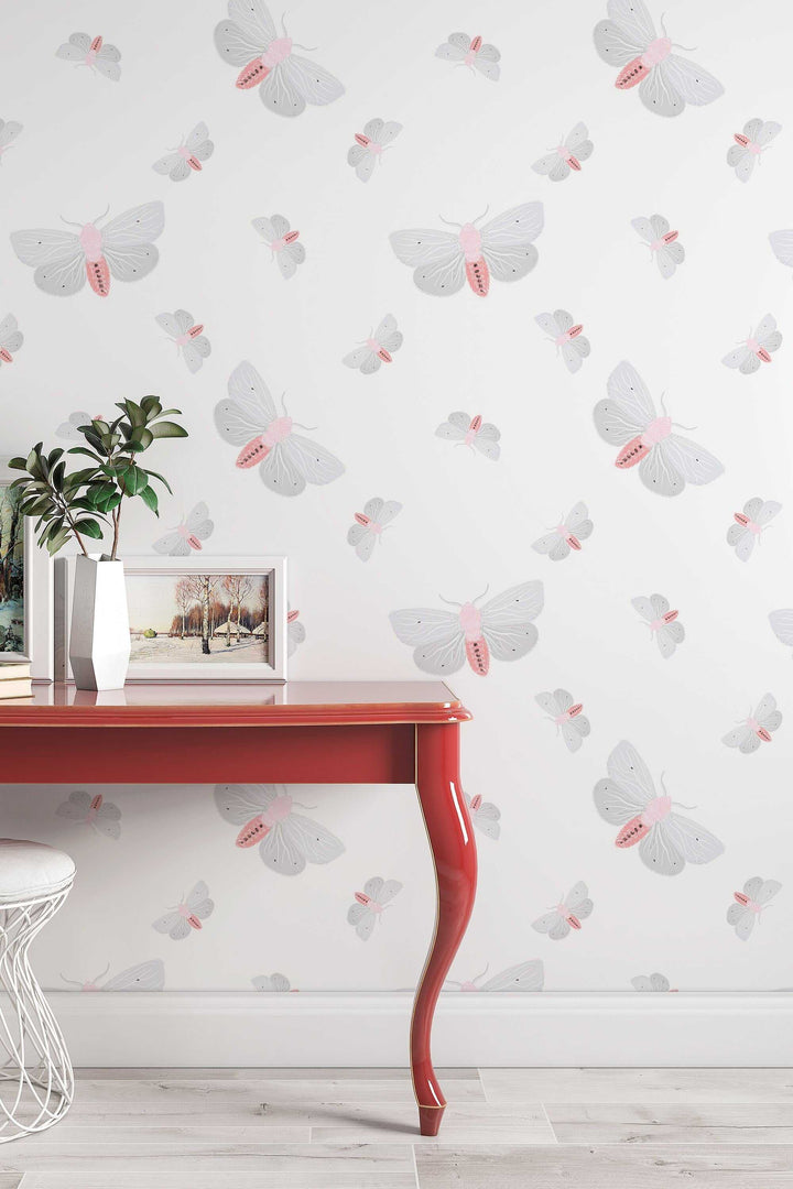 Moths white wall mural, peel and stick wallpaper, wall decor design#3110