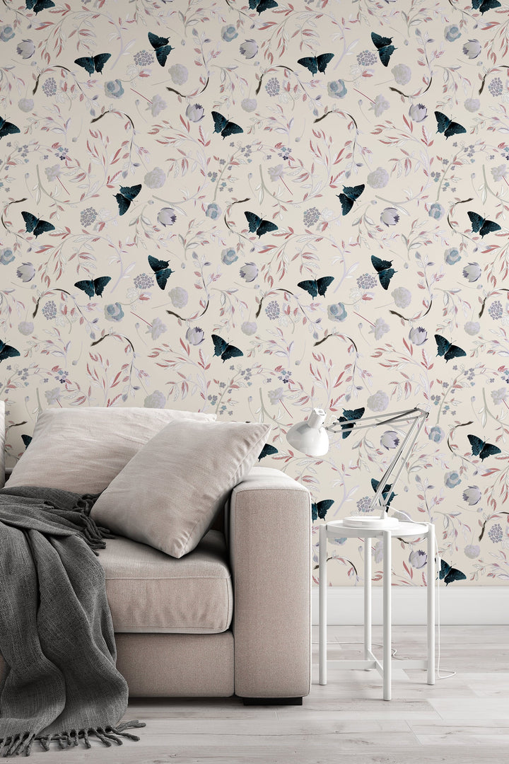 Butterfly branch grey black flowers wall mural peel