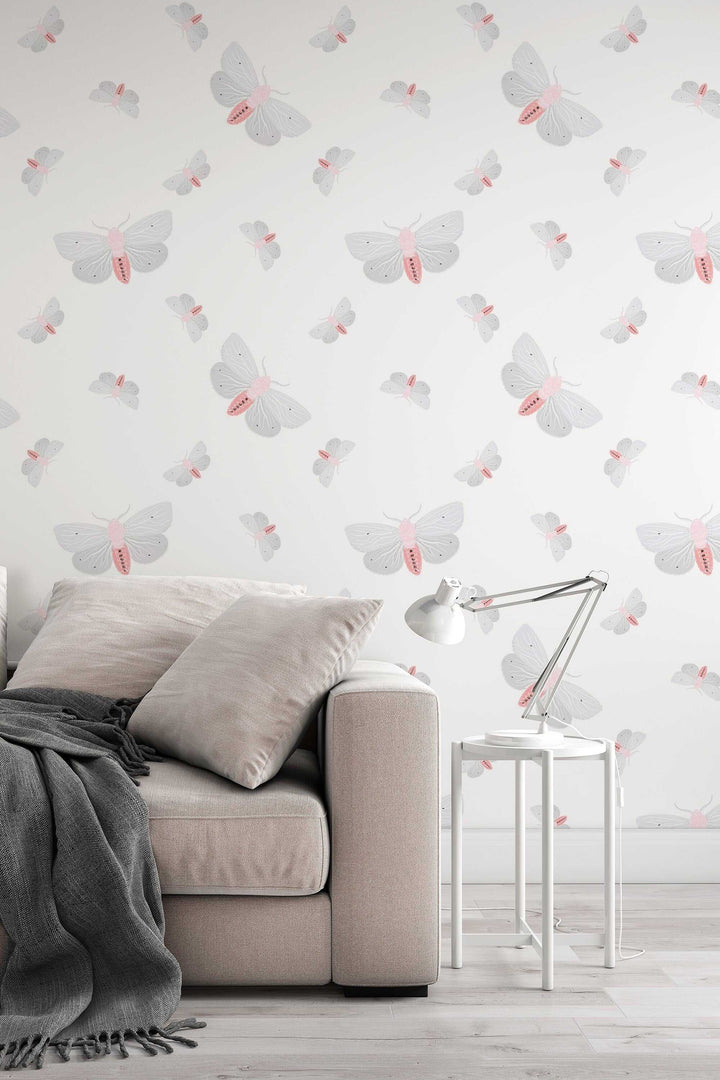 Moths white wall mural, peel and stick wallpaper, wall decor design#3110