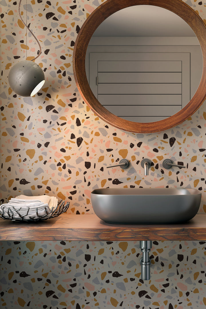 Terrazzo Wallpaper: Terracotta Pink Navy Olive - Abstract