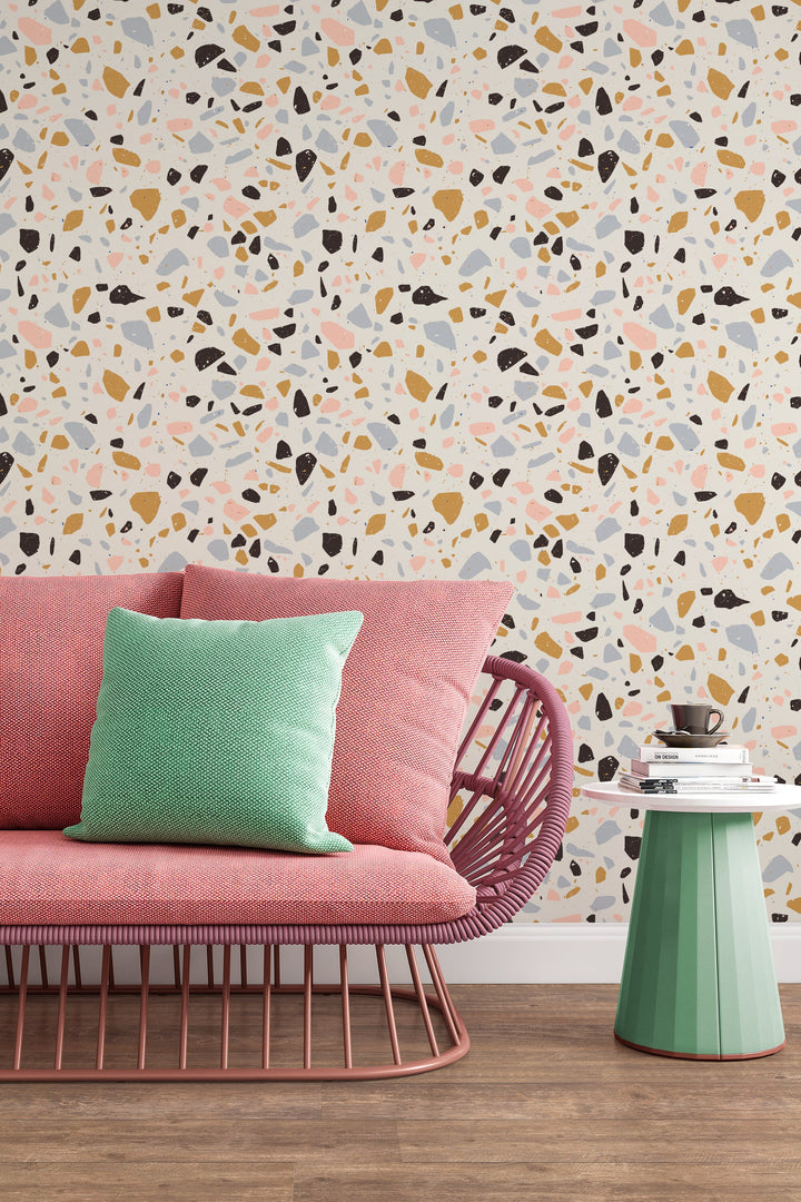 Terrazzo Wallpaper: Terracotta Pink Navy Olive - Abstract