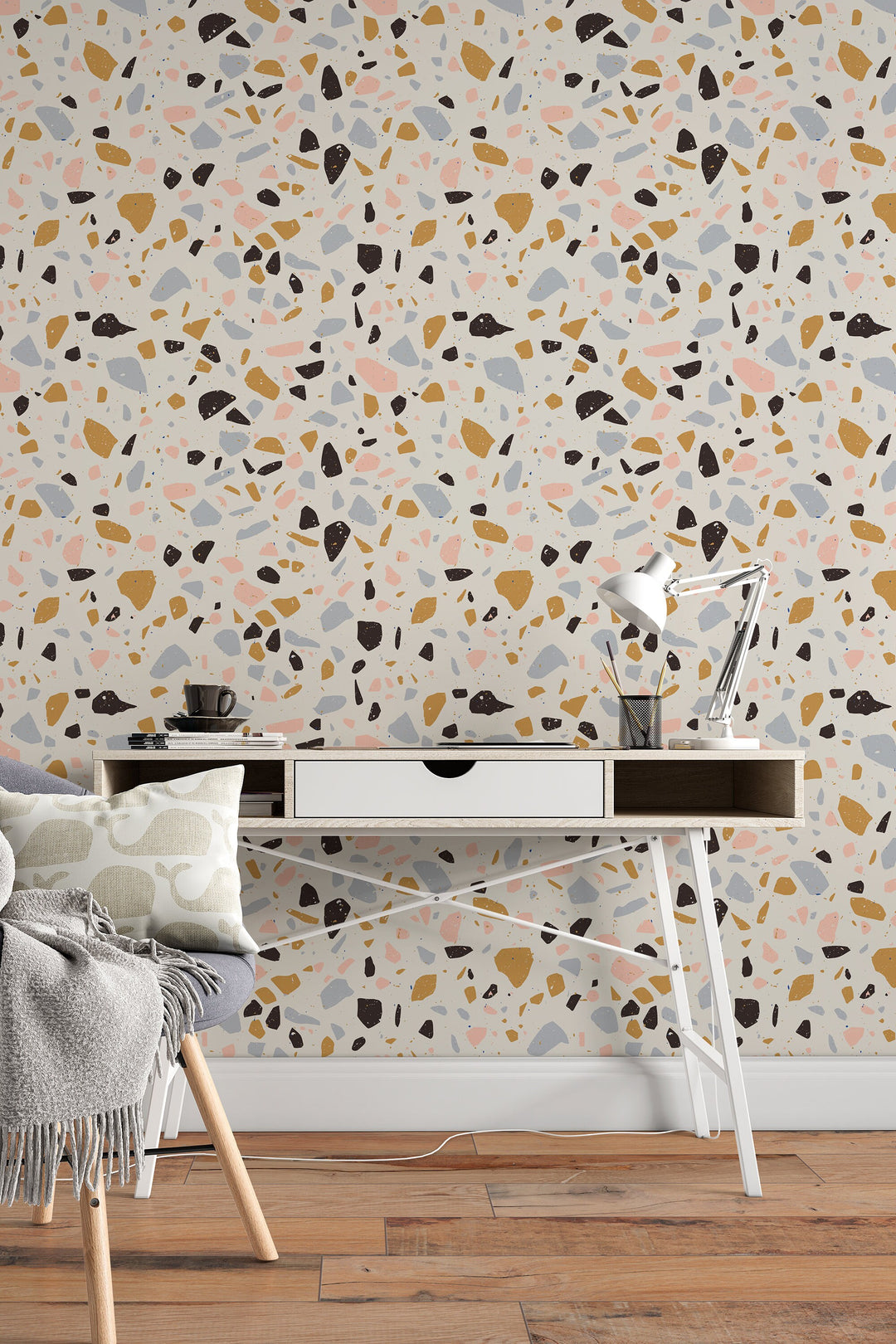 Terrazzo Wallpaper: Terracotta Pink Navy Olive - Abstract