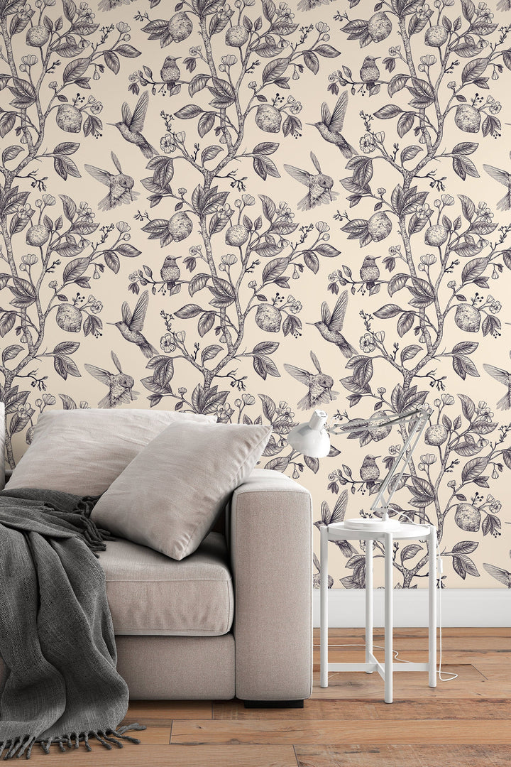 Hummingbird Paradise Gray on Beige Background Wallpaper - Removable wallpaper - Vinyl Peel and Stick Wall design#3133