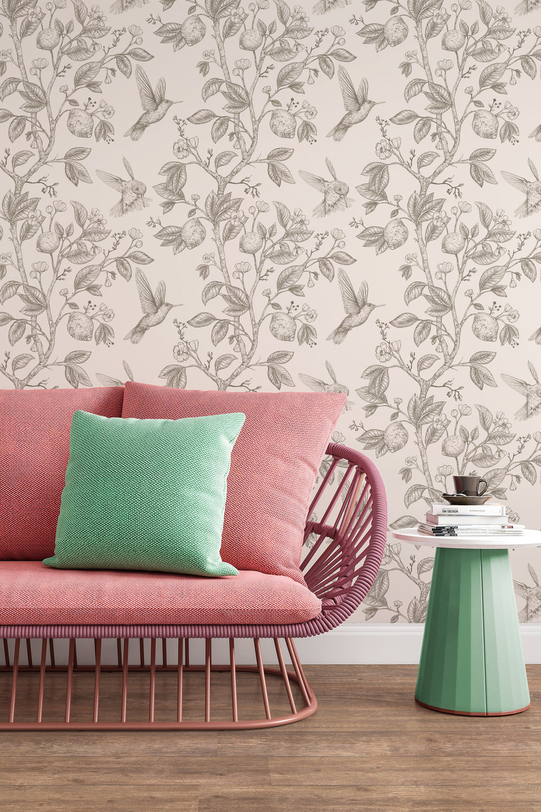 Hummingbird Paradise light gray on beige Background Wallpaper - Removable wallpaper - Vinyl Peel and Stick Wall design 3134