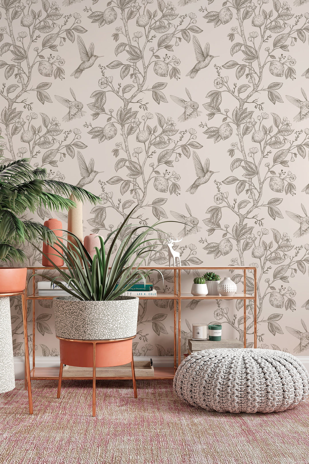 Hummingbird Paradise light gray on beige Background Wallpaper - Removable wallpaper - Vinyl Peel and Stick Wall design 3134