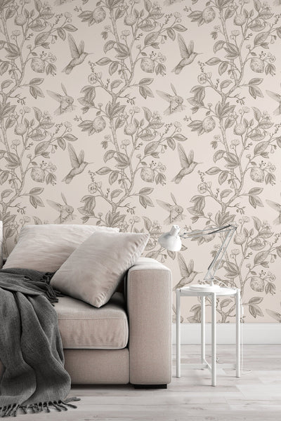Hummingbird Paradise light gray on beige Background Wallpaper - Removable wallpaper - 3134