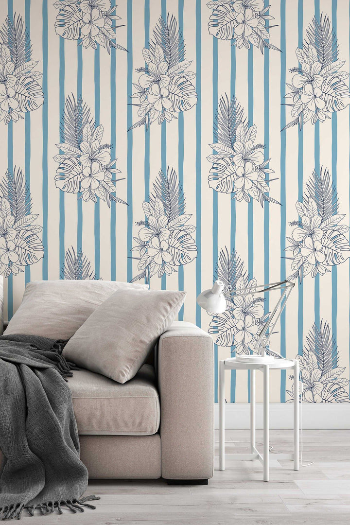 Bouquets of flowers on vertical stripes pattern blue on beige   - Removable wallpaper - Vinyl Peel and Stick Wallpaper design #3140