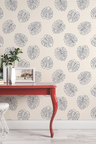 monstera leaves wallpaper, tropical pattern, blue on beige background, Removable, Vinyl, Peel and Stick