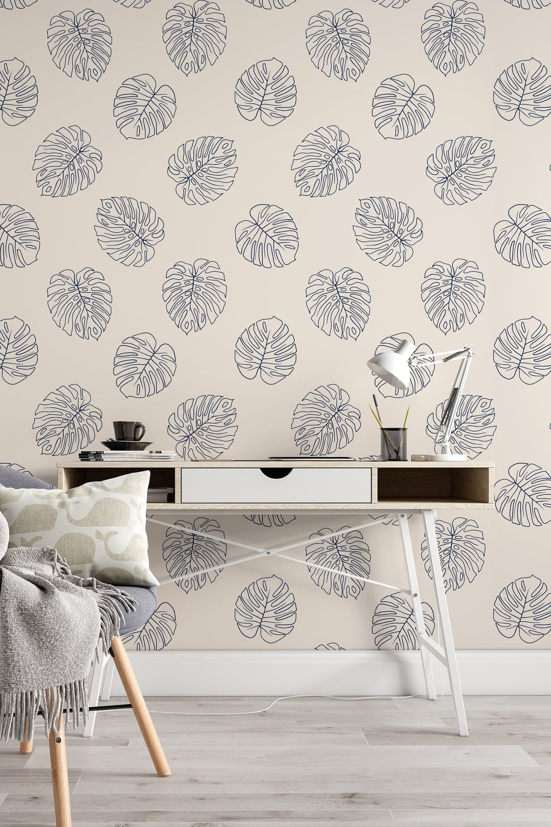 Palm leaves pattern blue on beige background Wallpaper - Removable wallpaper - Vinyl Peel and Stick Wallpaper design #3139