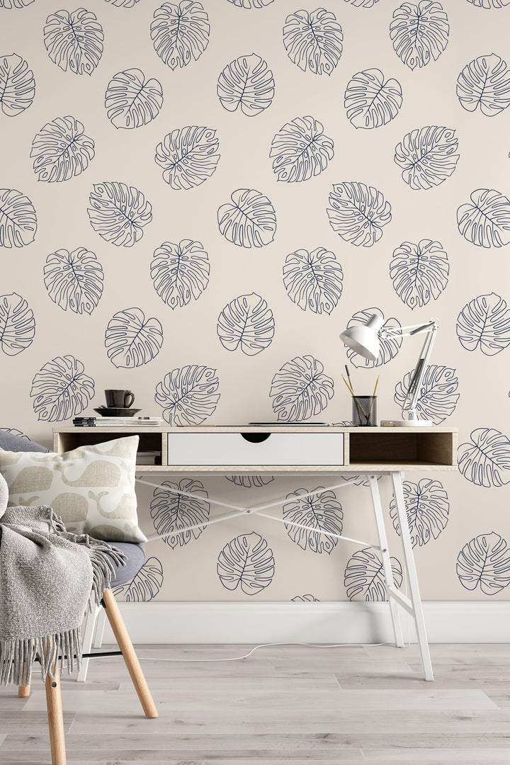 Palm leaves pattern blue on beige background Wallpaper - Removable wallpaper - Vinyl Peel and Stick Wallpaper design #3139