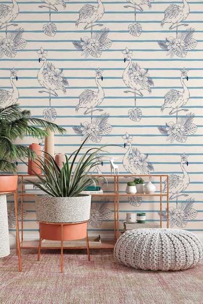Flamingo with flowers, tropical wallpaper, blue on beige background with stripes