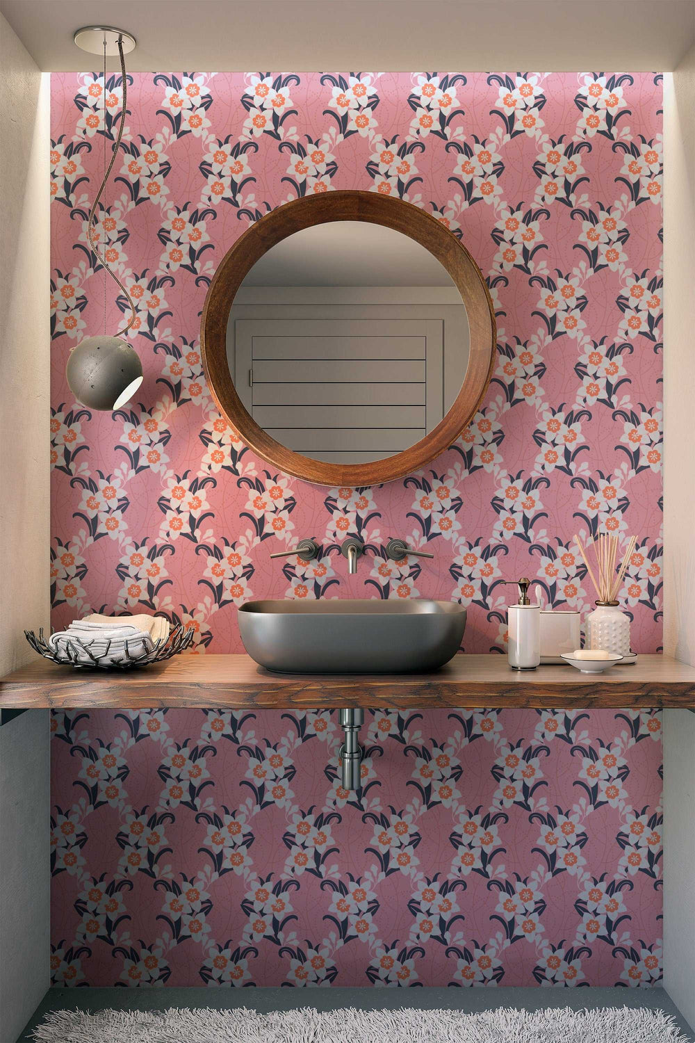 Sunday flowers pink wallpaper design#3017 - Peel and stick wallpaper, Removable , traditional traditional wallpaper