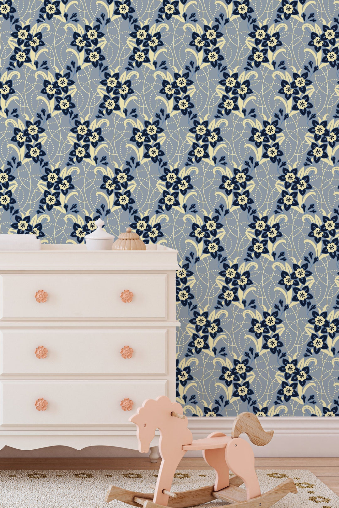 Sunday flowers blue wallpaper design#3019 - Peel and stick wallpaper, Removable , traditional traditional wallpaper