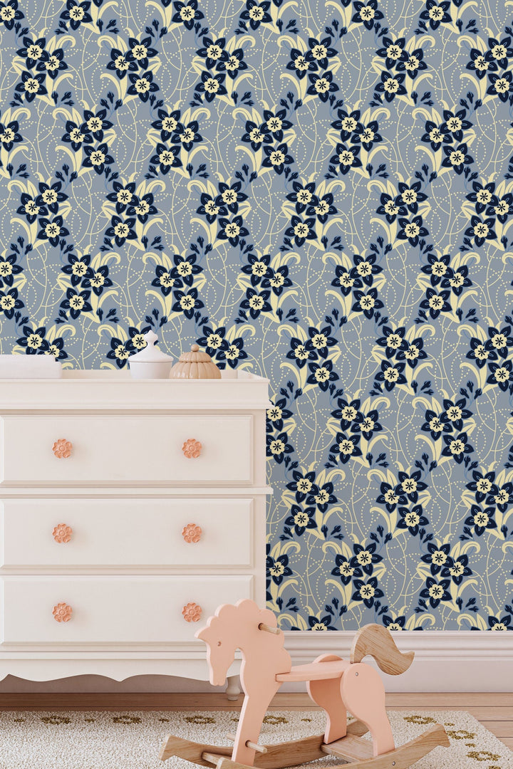 Sunday flowers blue wallpaper design#3019 - Peel and stick wallpaper, Removable , traditional traditional wallpaper