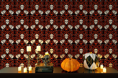 Halloween wallpaper spooky skulls on red Peel and Stick, pre-pasted Removable Halloween wall decor design #3169