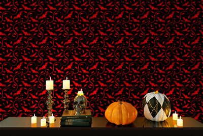 Halloween wallpaper spooky red bats Peel and Stick, pre-pasted Removable Halloween wall decor design #3170